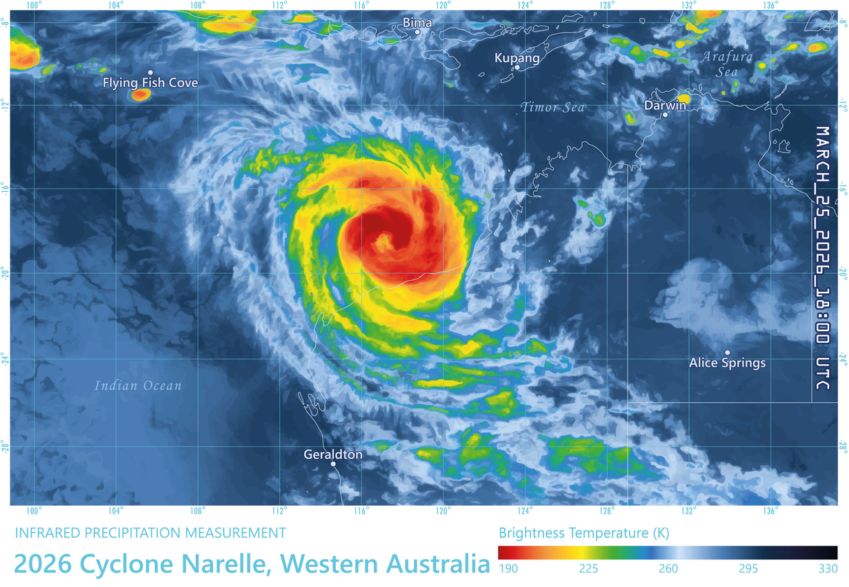 Heat map of Cyclone Narelle over Western Australia