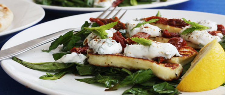 Minty Halloumi and Sundried Tomato Salad with Honey Balsamic Spinach